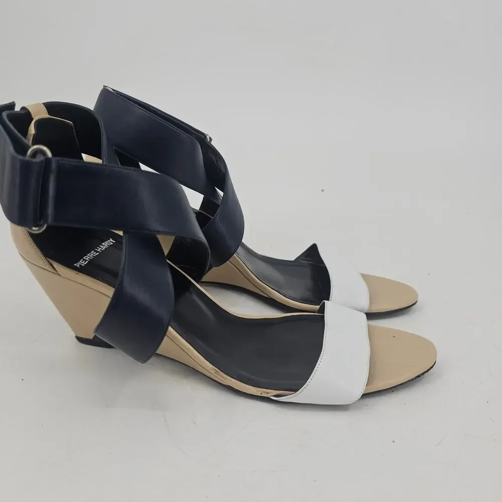 Pierre Hardy Leather Colorblock Wedge Sandal Shoe Black White Nude 40.5 9.5-10